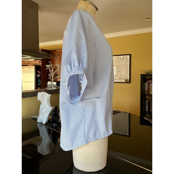 Blue & White Stripe Puff Sleeve Button Down Back Notch Collar Blouse - Picture 10 of 12